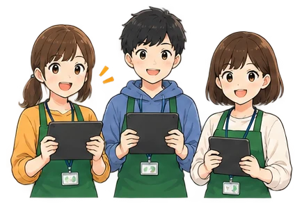 端末を持つ3人の売り子